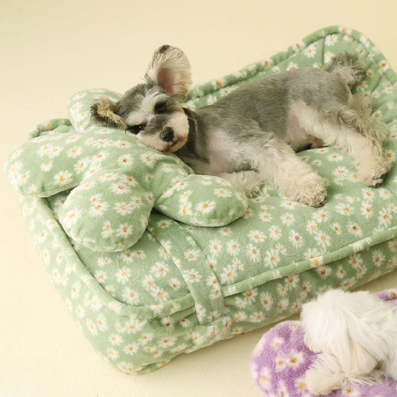 Daisy Pattern Warm Soft Calming Dog Bed With Flower Pillow