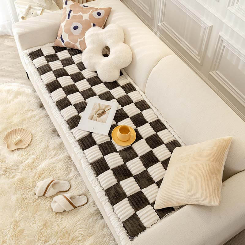 Cream-coloured Large Plaid Square Pet Mat Bed Couch Cover