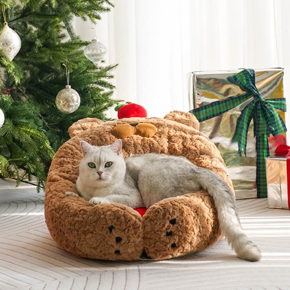 Festive Adorable Apple-Shaped Plush Cat Bed