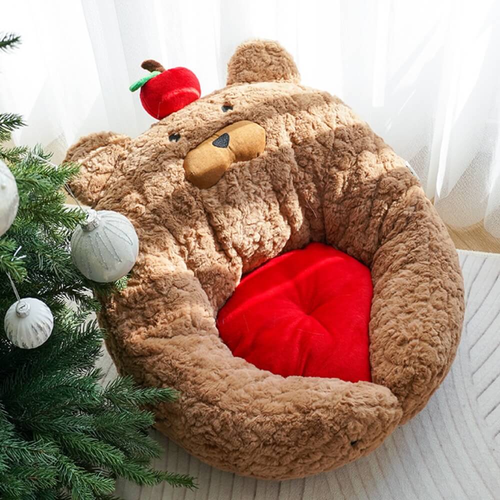 Festive Adorable Apple-Shaped Plush Cat Bed