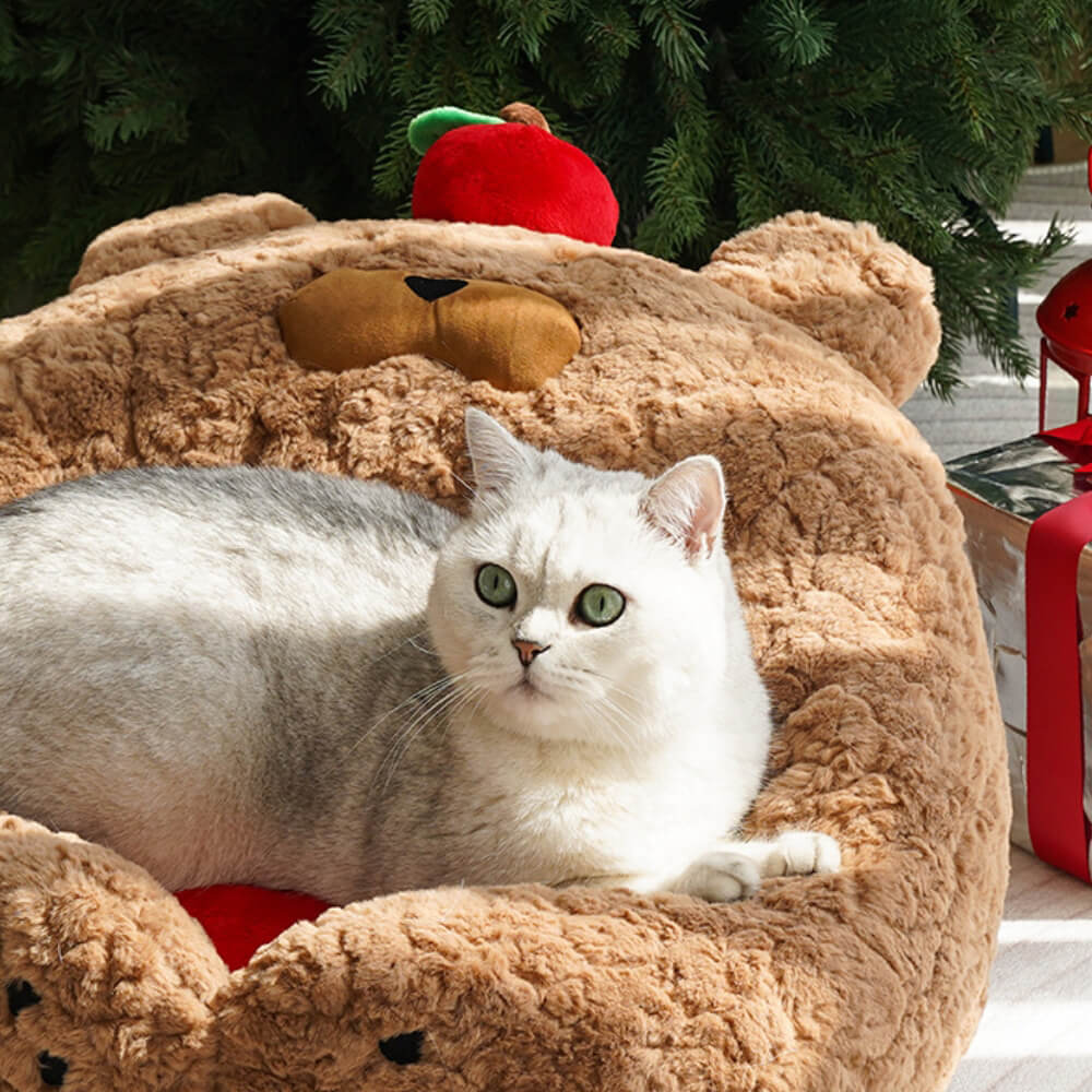 Festive Adorable Apple-Shaped Plush Cat Bed