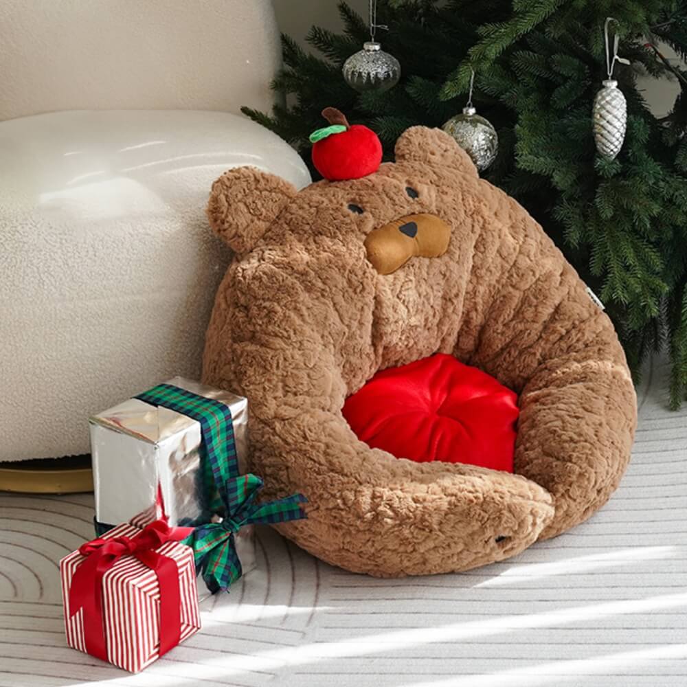 Festive Adorable Apple-Shaped Plush Cat Bed