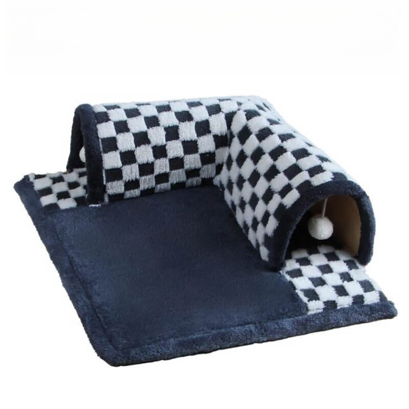 2-in-1 Funny Plaid Cat Tunnel Cat Bed with Plush