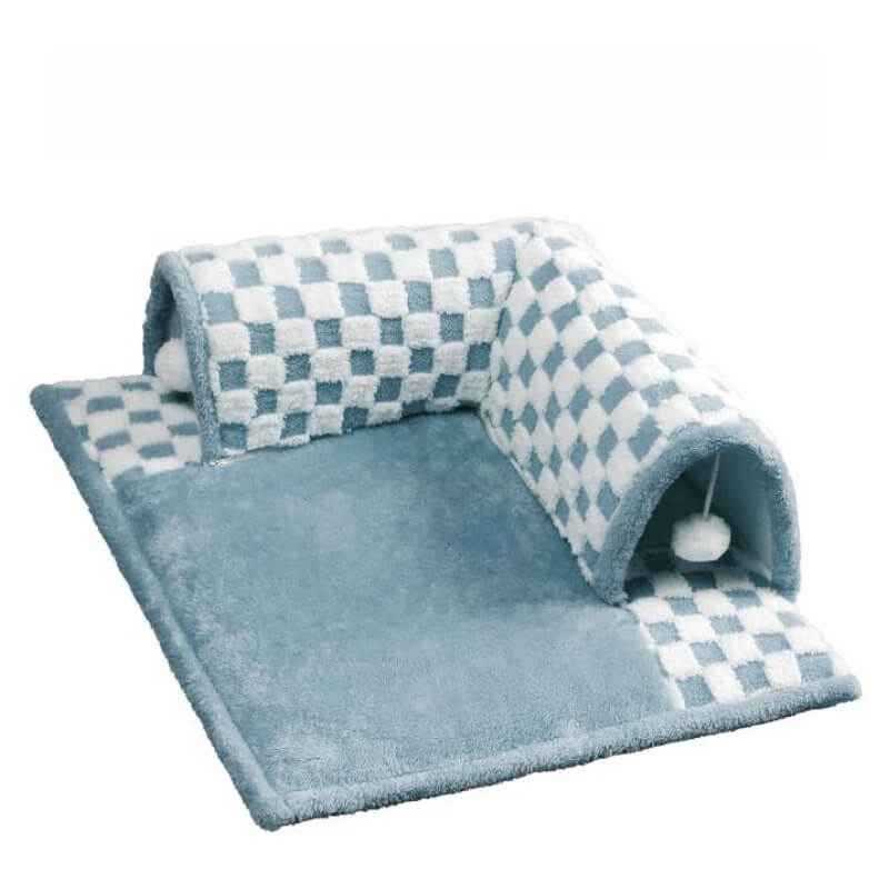 2-in-1 Funny Plaid Cat Tunnel Cat Bed with Plush