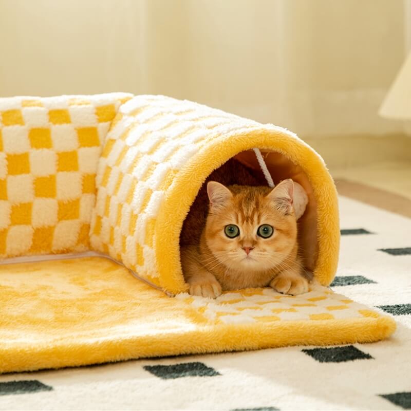 2-in-1 Funny Plaid Cat Tunnel Cat Bed with Plush