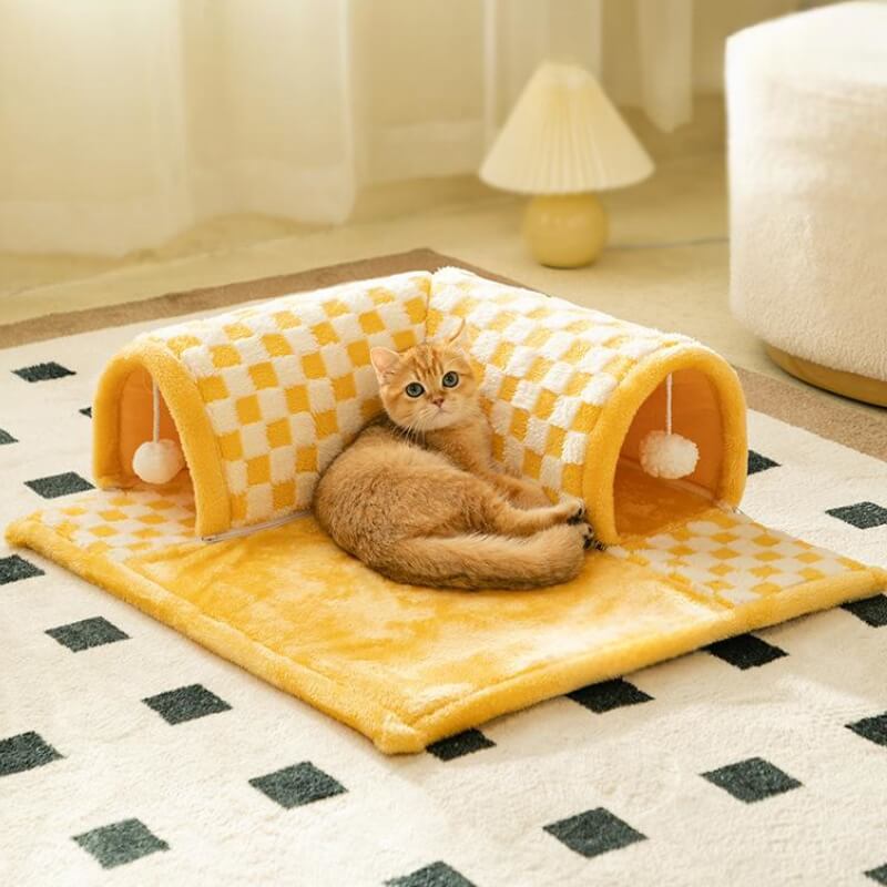 2-in-1 Funny Plaid Cat Tunnel Cat Bed with Plush