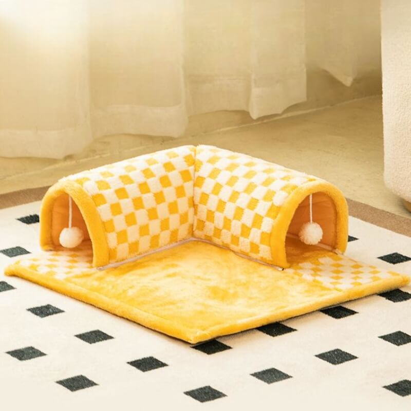 2-in-1 Funny Plaid Cat Tunnel Cat Bed with Plush