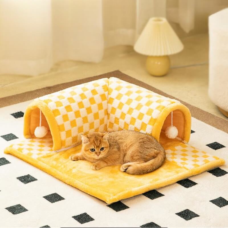 2-in-1 Funny Plaid Cat Tunnel Cat Bed with Plush