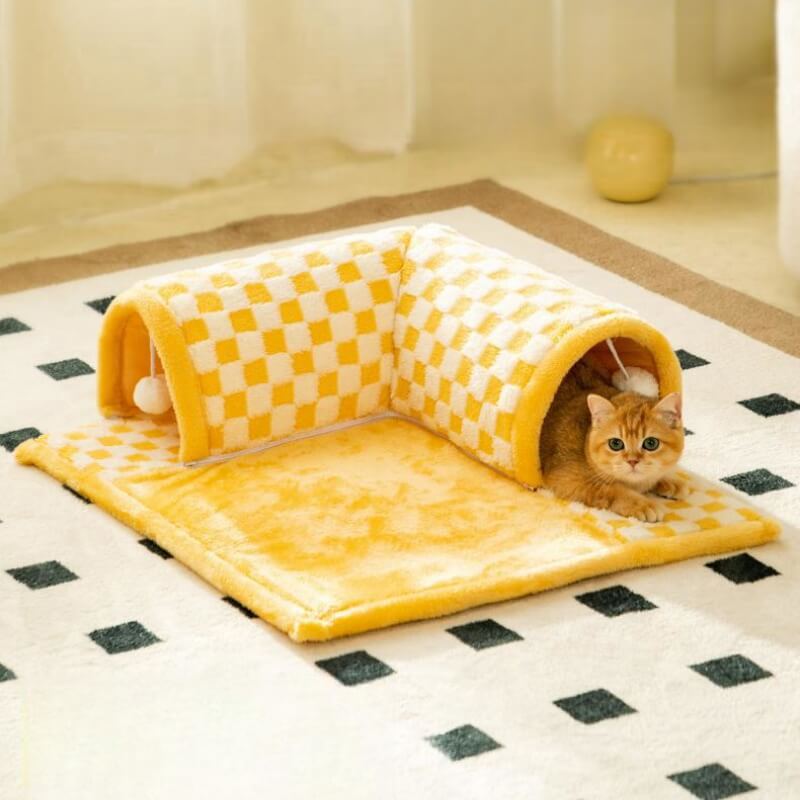 2-in-1 Funny Plaid Cat Tunnel Cat Bed with Plush