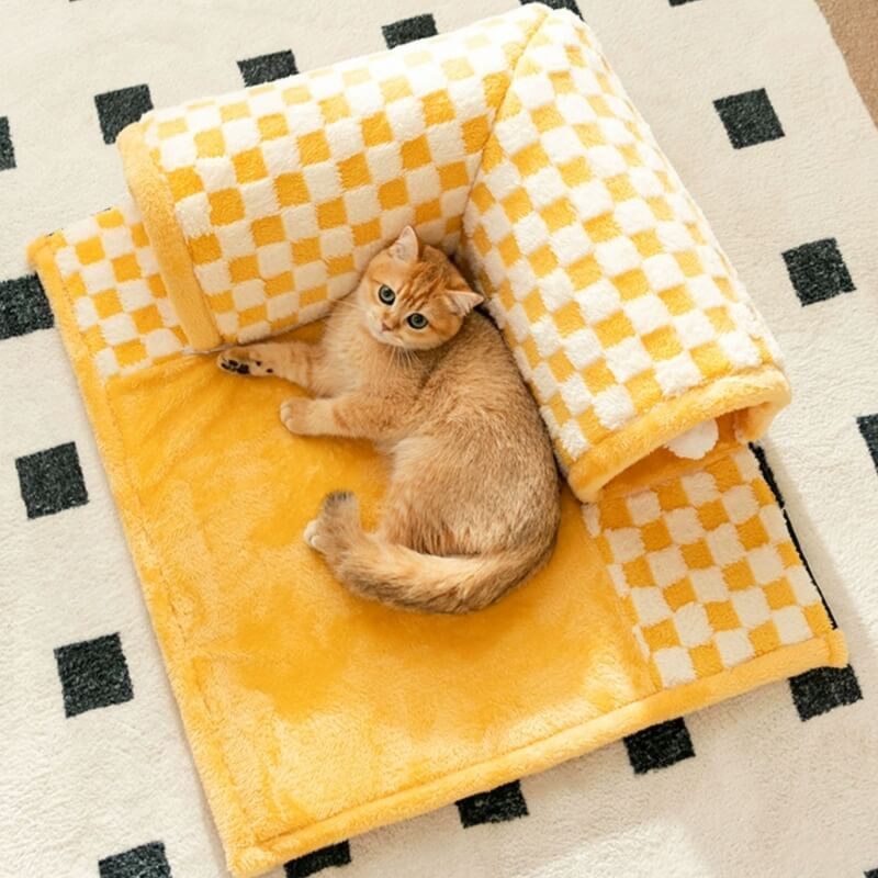 2-in-1 Funny Plaid Cat Tunnel Cat Bed with Plush