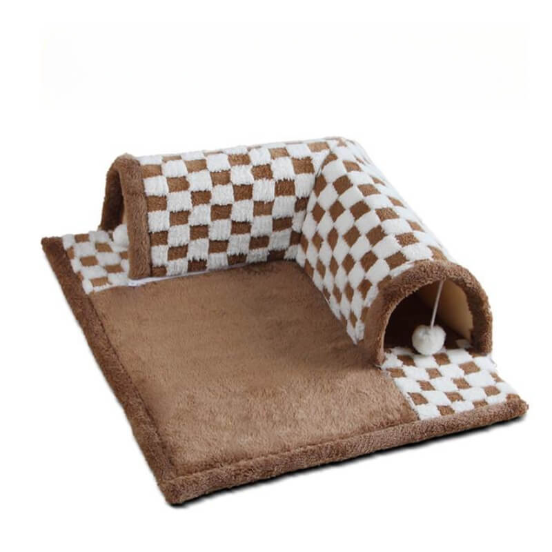 2-in-1 Funny Plaid Cat Tunnel Cat Bed with Plush