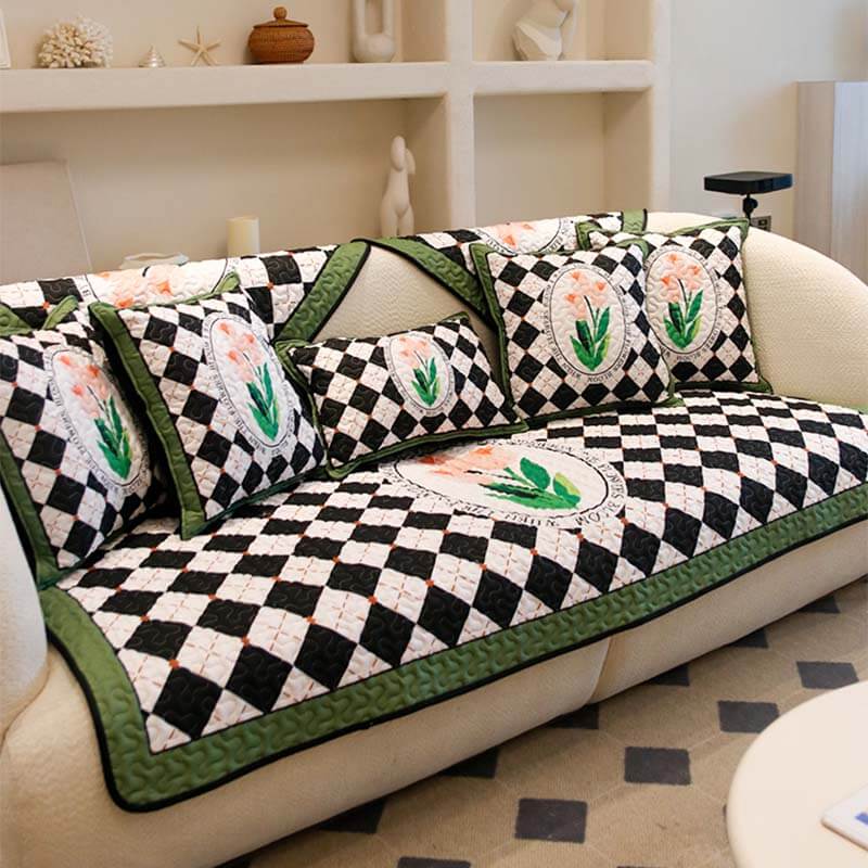 Botanical Floral Checkerboard Cotton Couch Cover