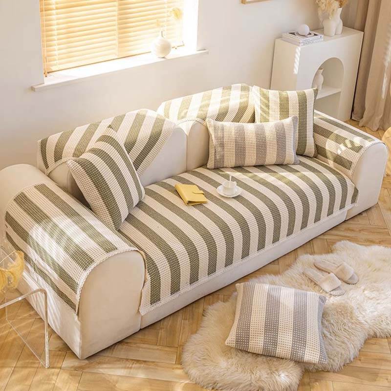 Cotton Linen Stripes Anti Scratch Furniture Protector Couch Cover