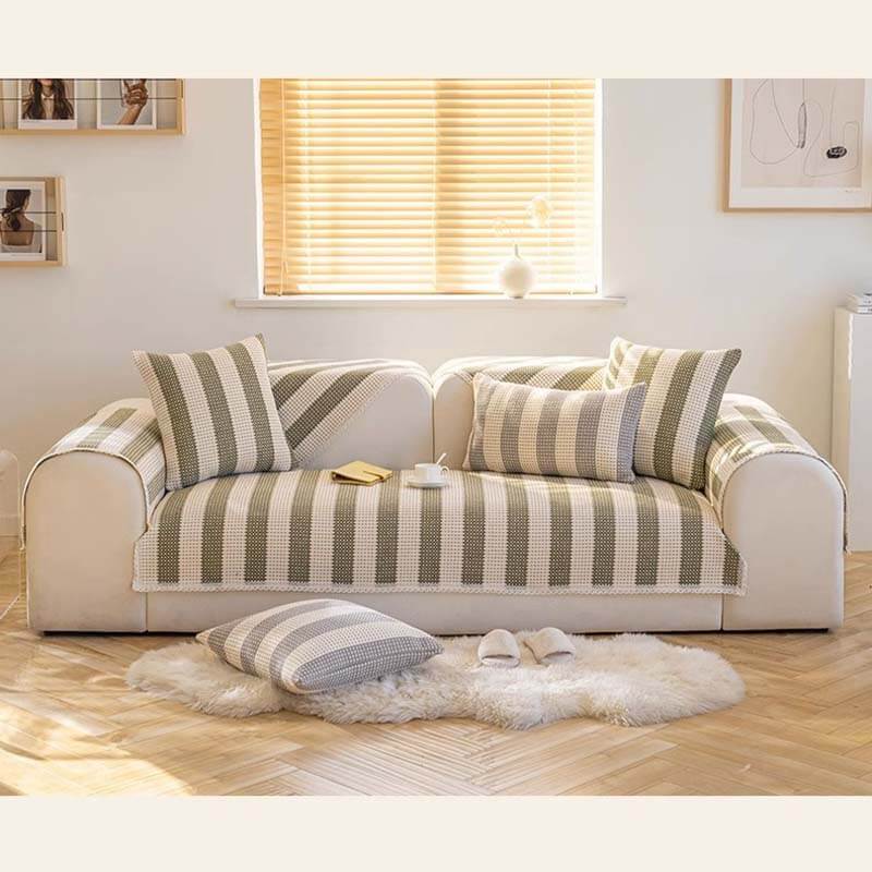 Cotton Linen Stripes Anti Scratch Furniture Protector Couch Cover