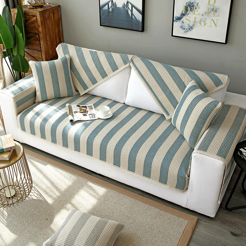 Cotton Linen Stripes Anti Scratch Furniture Protector Couch Cover