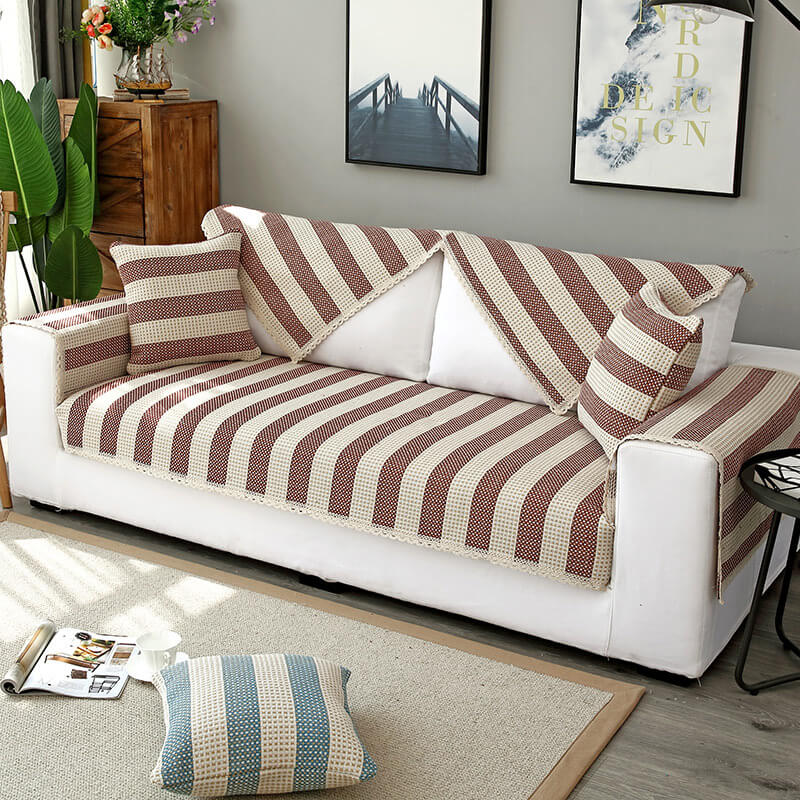 Cotton Linen Stripes Anti Scratch Furniture Protector Couch Cover