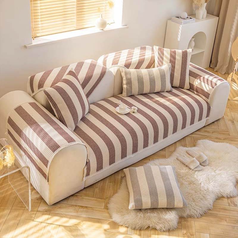 Cotton Linen Stripes Anti Scratch Furniture Protector Couch Cover