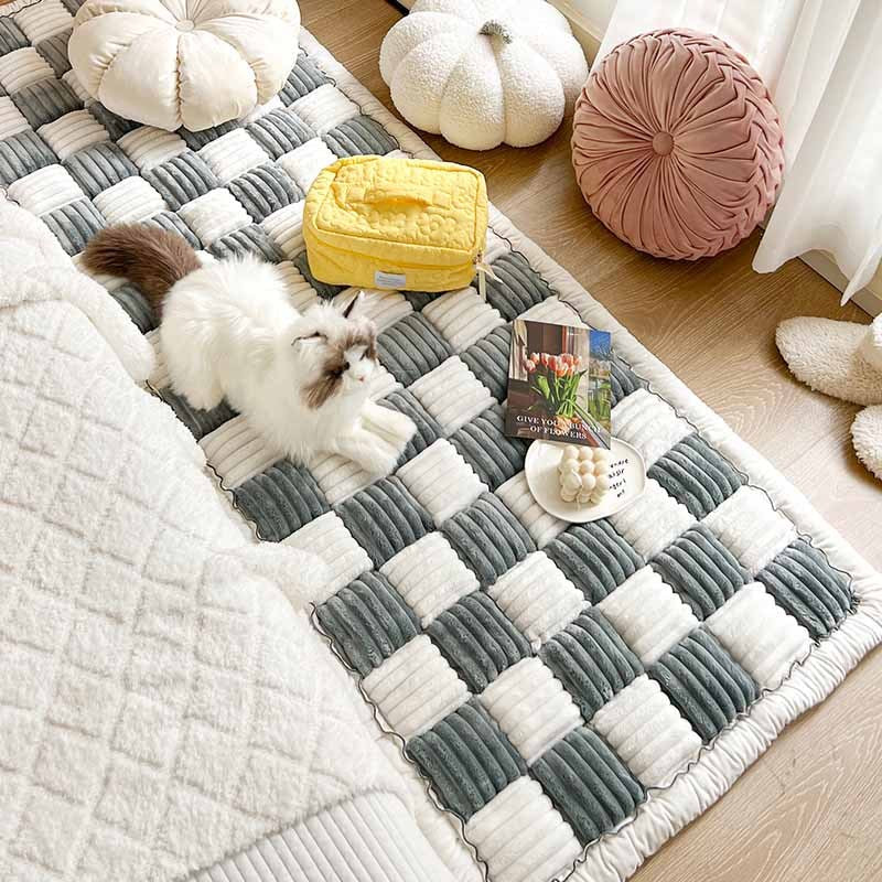 Cream-coloured Large Plaid Square Pet Mat Bed Couch Cover