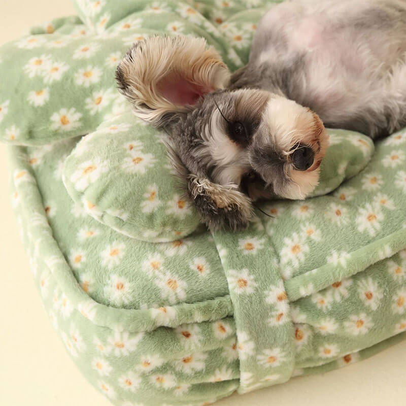 Daisy Pattern Warm Soft Calming Dog Bed With Flower Pillow