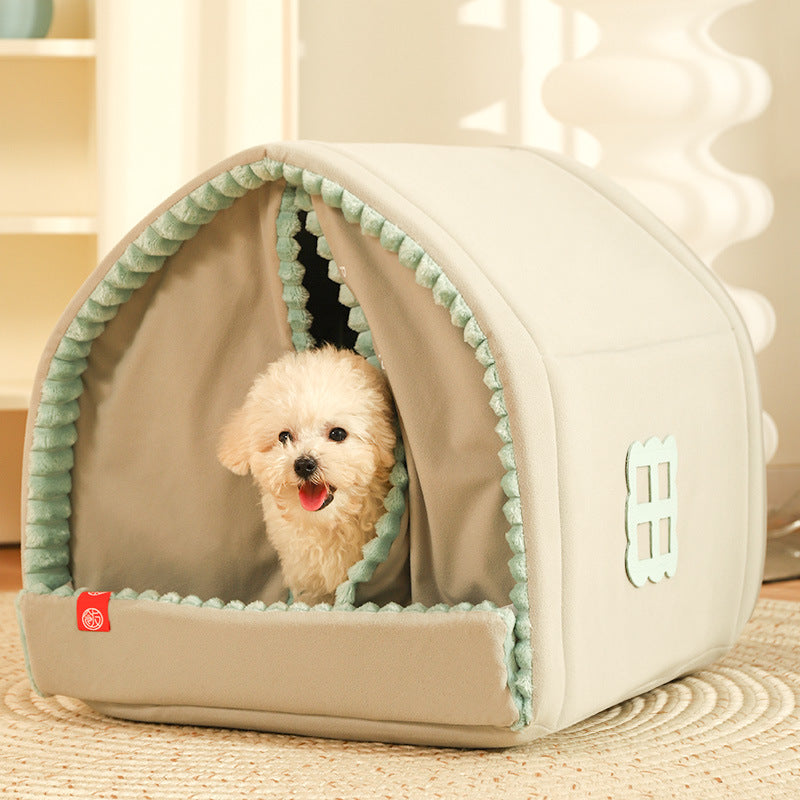 Double Curtain Pet House Enclosed Dog Bed