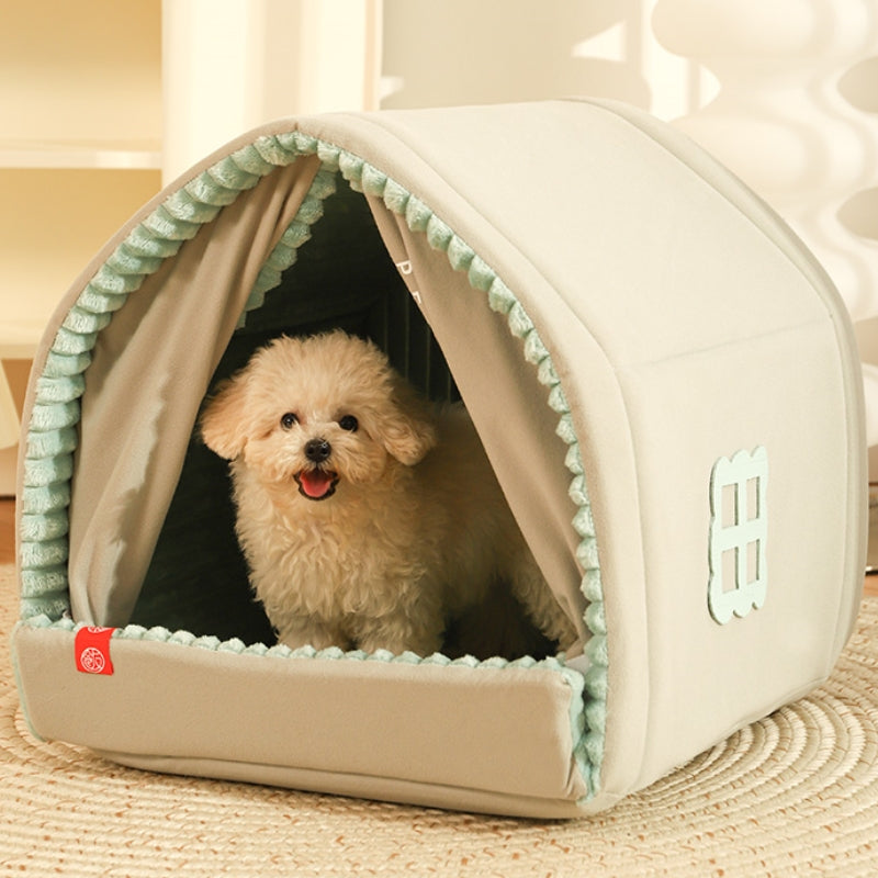 Double Curtain Pet House Enclosed Dog Bed