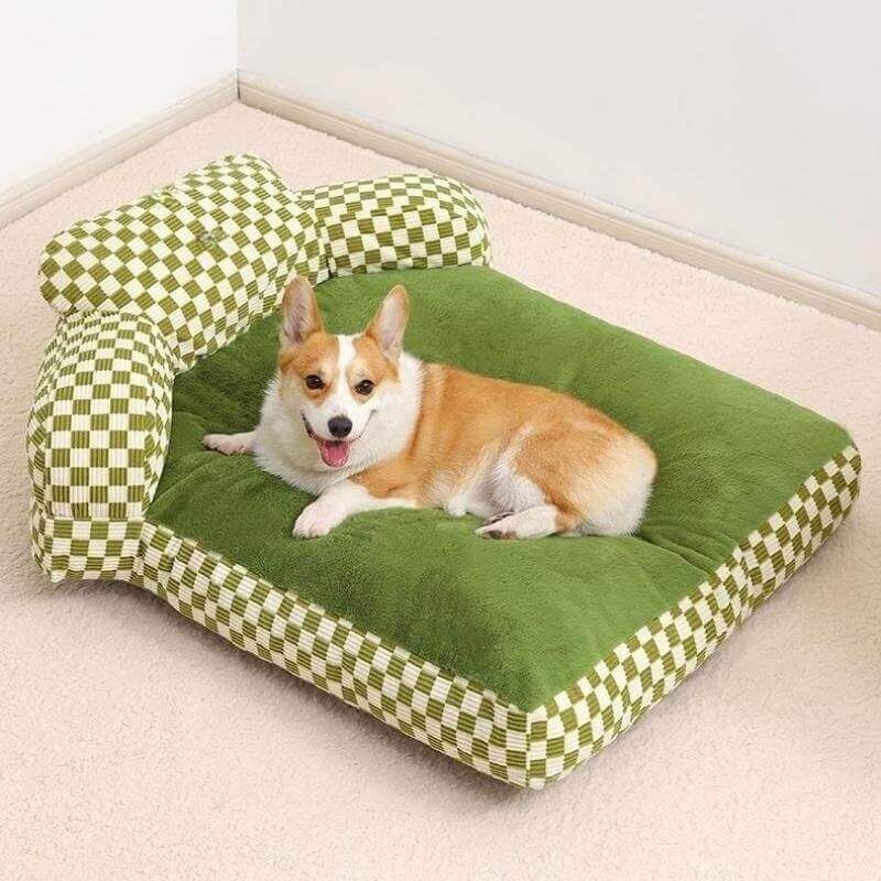 Full Backrest Pet Sofa Chequerboard Plush Dog & Cat Sofa Bed