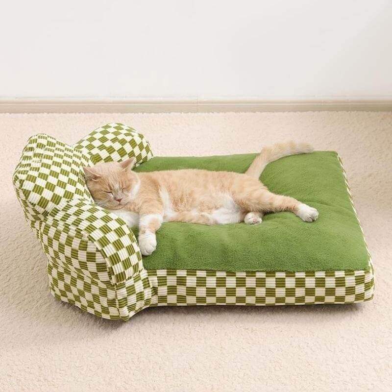 Full Backrest Pet Sofa Chequerboard Plush Dog & Cat Sofa Bed