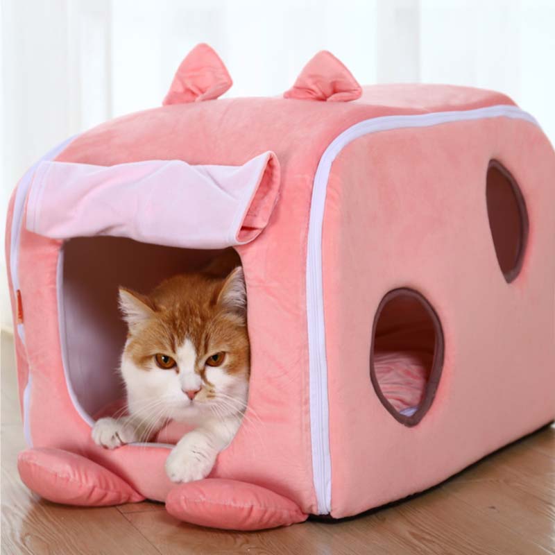 Pink Ice Cream & Rabbit Semi-Enclosed Cat Cave Bed