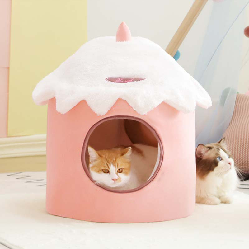 Pink Ice Cream & Rabbit Semi-Enclosed Cat Cave Bed