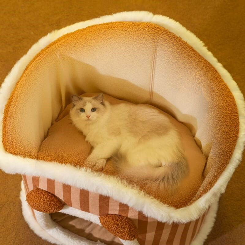 Semi-enclosed Plush Cat House Warm Cat Bed