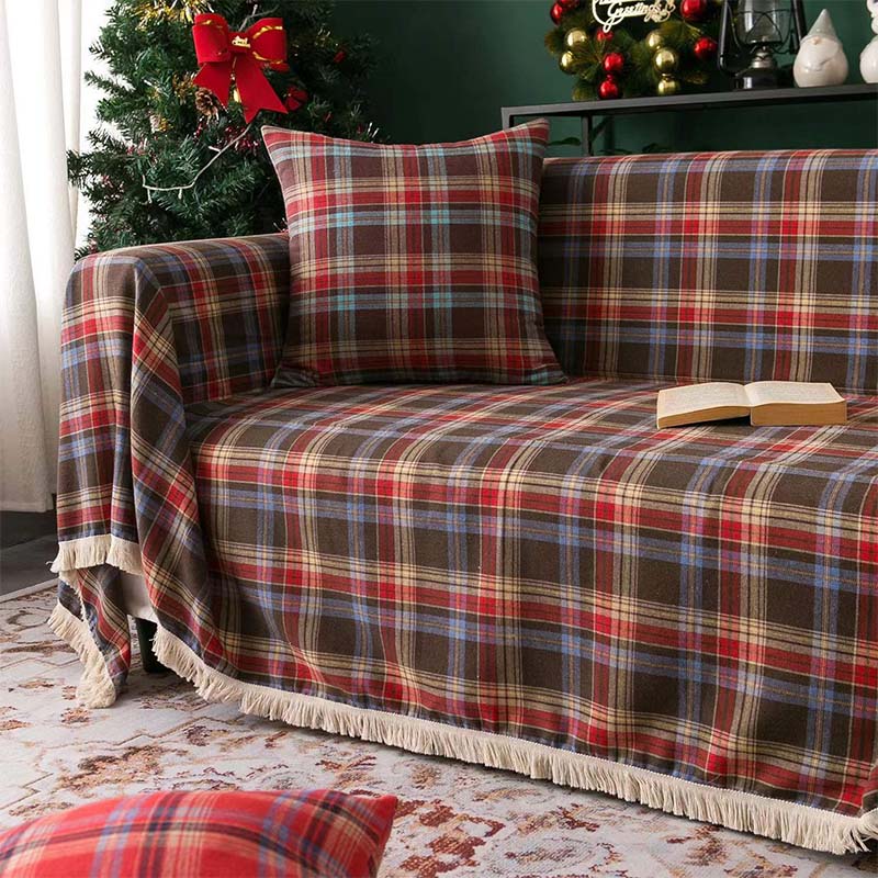 Vintage Christmas Style Plaid Blanket Full Wrap Couch Cover