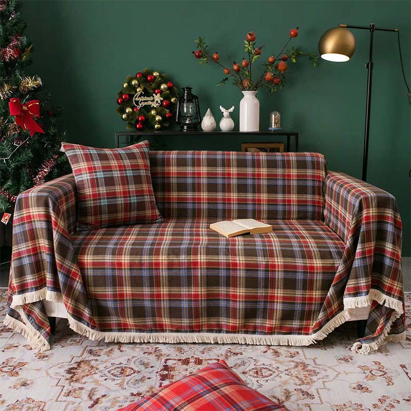 Vintage Christmas Style Plaid Blanket Full Wrap Couch Cover