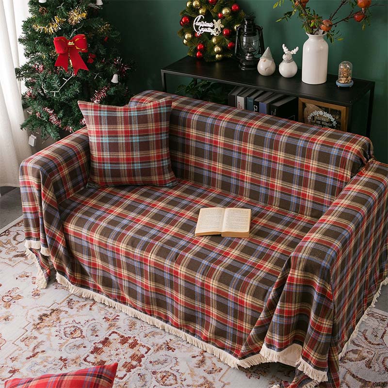 Vintage Christmas Style Plaid Blanket Full Wrap Couch Cover